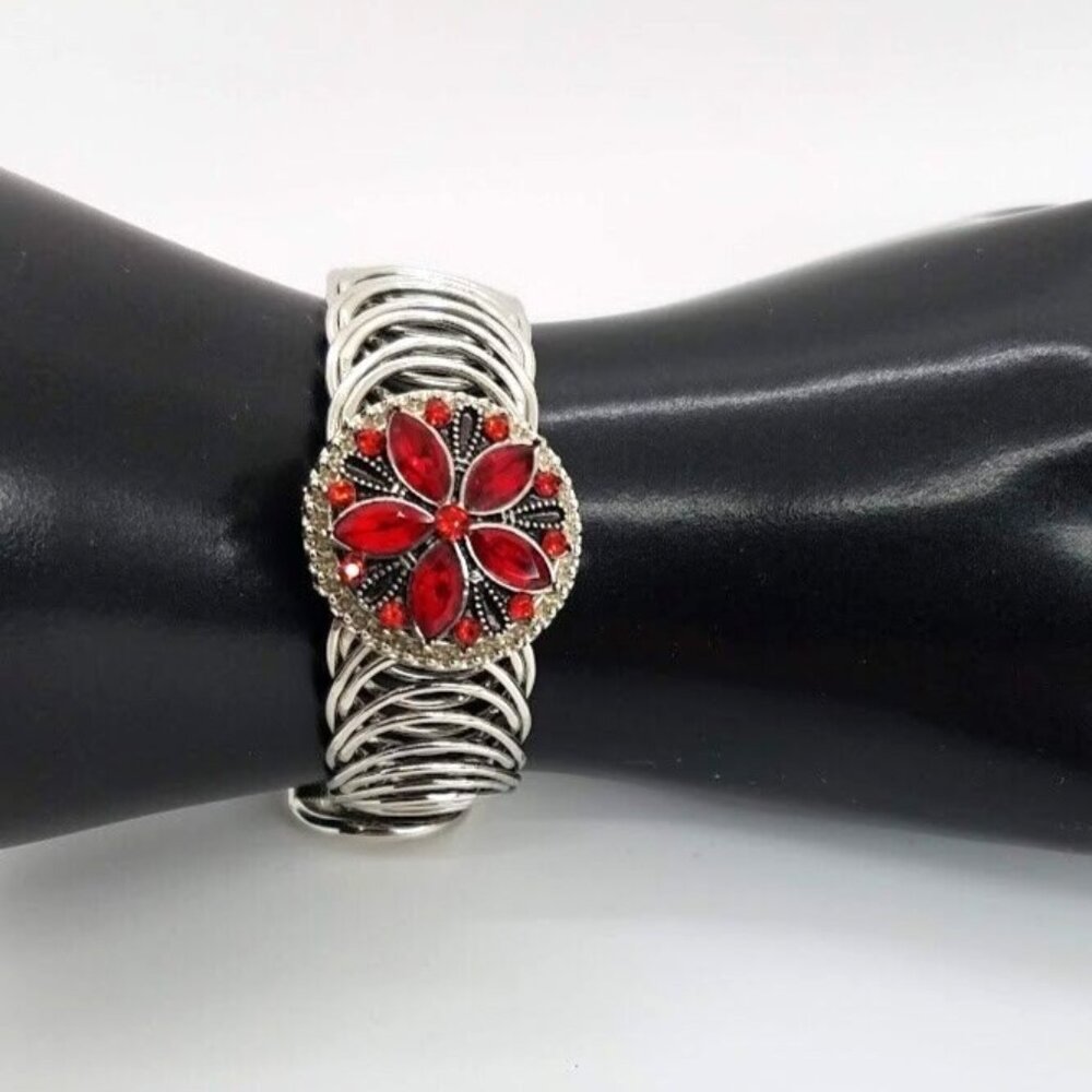 Vintage Crystal Cuff 9" Wrap Bracelet Silver Tone Circle Red Crystal Flower
